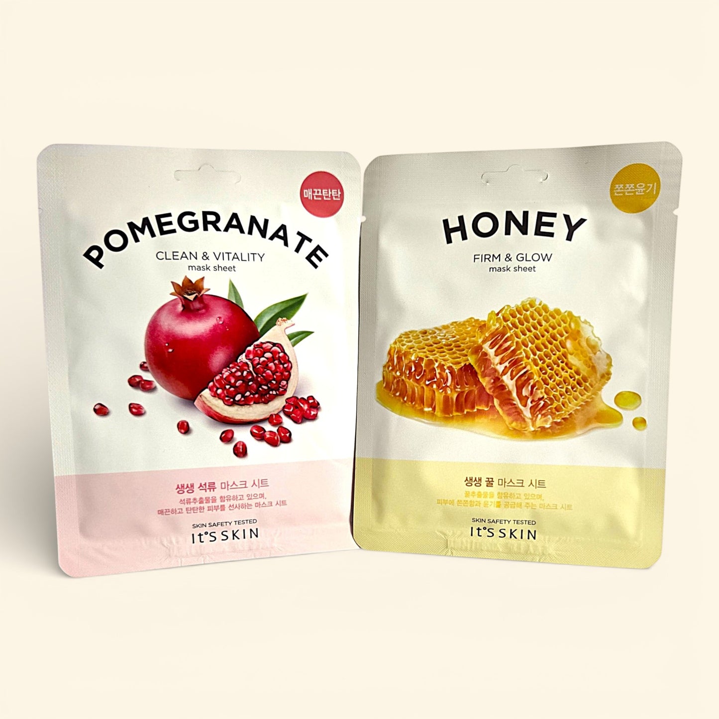 Zwei verwöhnende It's SKIN Tuchmasken mit Granatapfel und Honig für dein Home-Spa – genieße diese feuchtigkeitsspendenden K-Beauty Highlights aus der Korea Erlebnisbox von Oversea Crate.