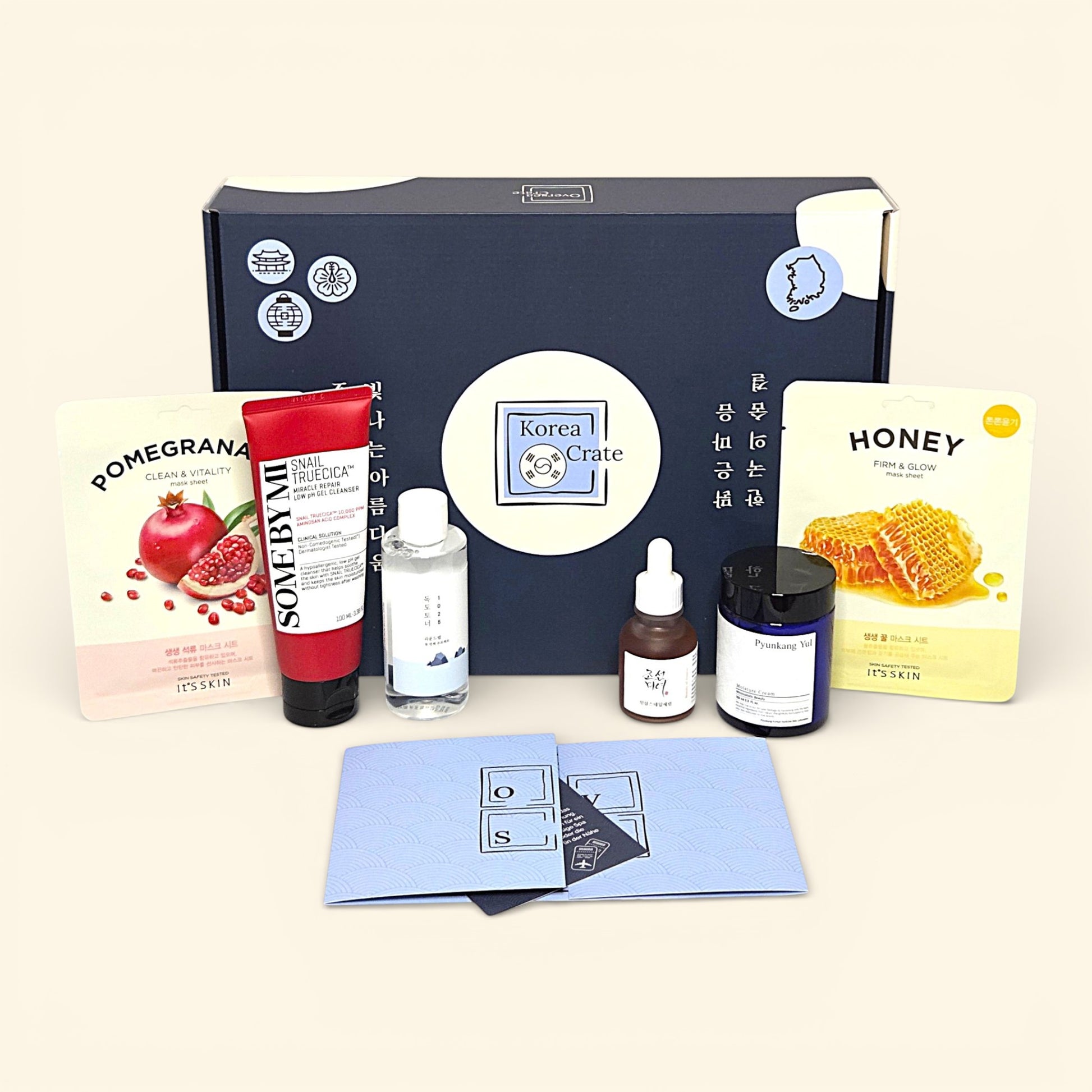 Blick auf den Inhalt der Korea Erlebnisbox von Oversea Crate: Entdecke handverlesene K-Beauty Produkte wie pflegende Tuchmasken und Seren für deine verwöhnende Auszeit zuhause.