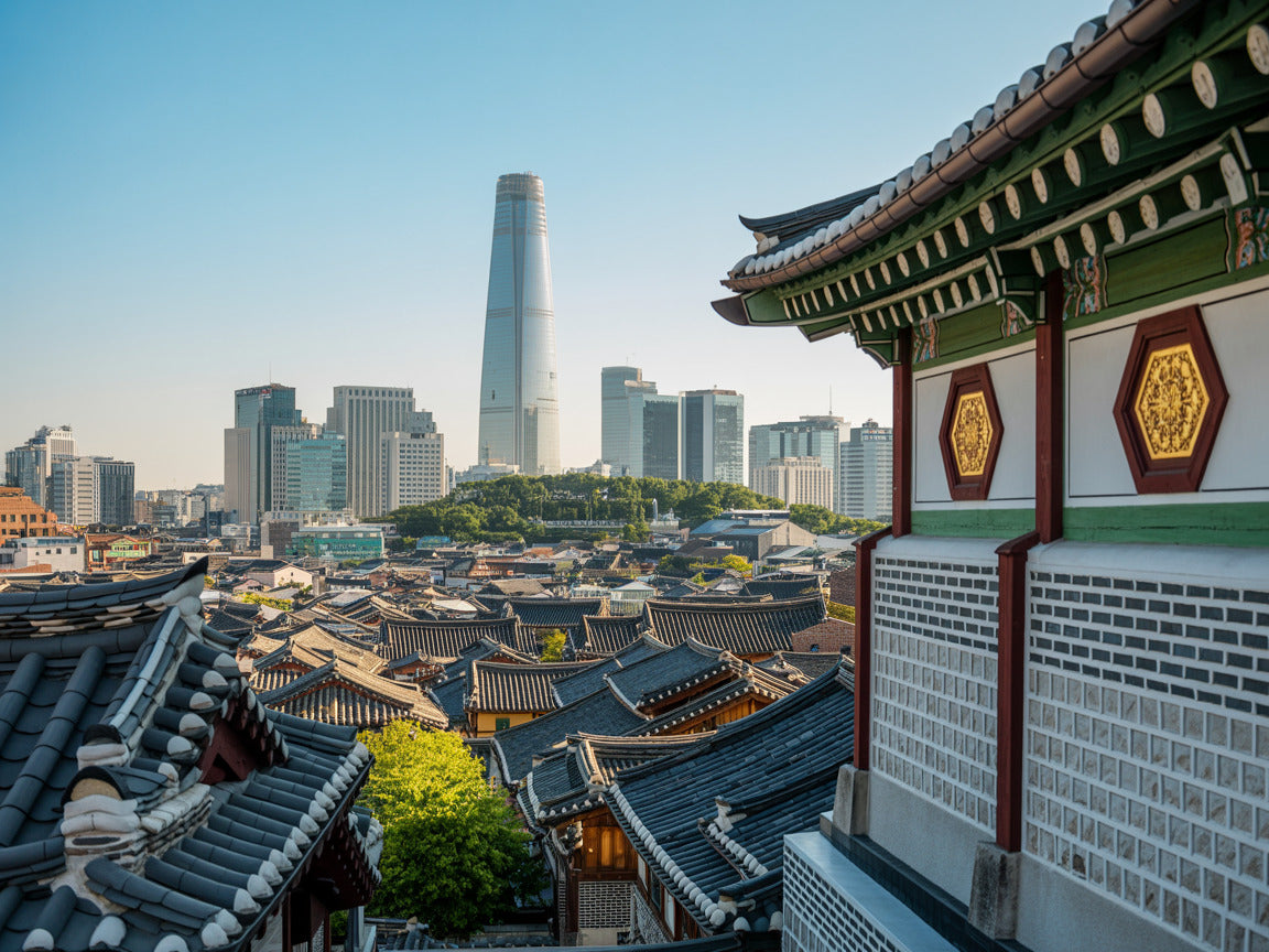 Blick über die traditionellen Ziegeldächer eines Hanok-Dorfes auf die moderne Skyline von Seoul mit dem Lotte World Tower – entdecke die faszinierenden Kontraste Koreas mit der Korea Erlebnisbox von Oversea Crate.