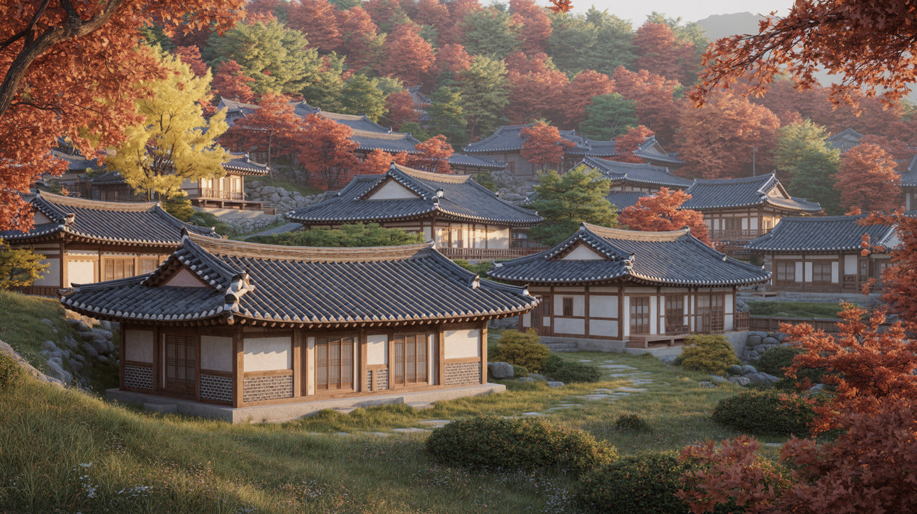 Ein malerisches koreanisches Hanok-Dorf eingebettet in die bunte Herbstlandschaft – stimmungsvoller Ausblick auf die kulturellen Entdeckungen der Korea Erlebnisbox von Oversea Crate.