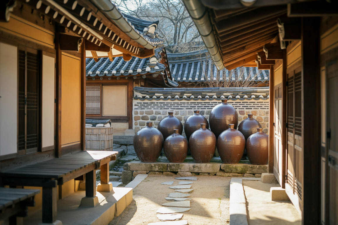 Blick in einen friedlichen Innenhof eines traditionellen koreanischen Hanok-Hauses mit großen Onggi-Fermentationskrügen – tauche ein in die authentische Kultur mit der Korea Erlebnisbox von Oversea Crate.