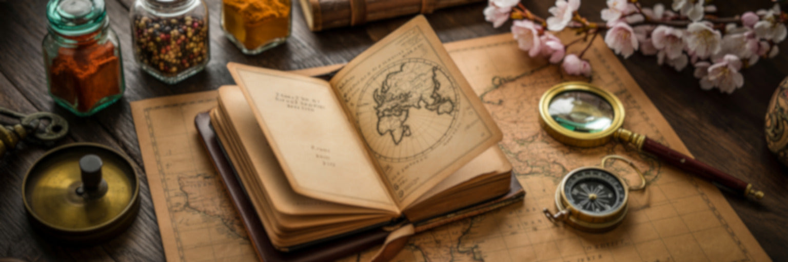 Ein aufgeschlagenes antikes Buch auf einer alten Weltkarte mit Kompass und Lupe – bald öffnet Oversea Crate seine Tore für deine authentische Entdeckungsreise nach Thailand und Korea.