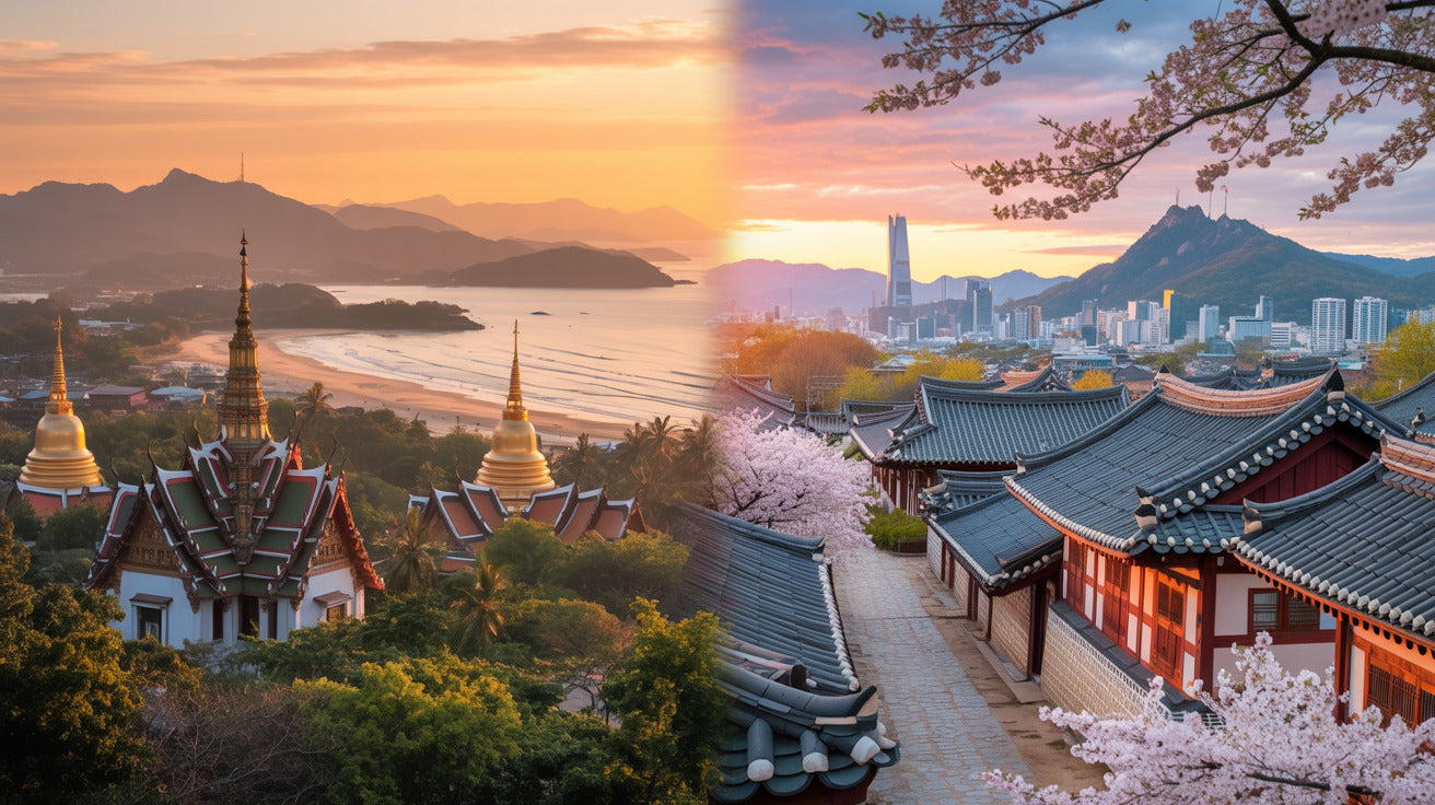 Ein stimmungsvolles Panorama, das die goldenen Tempel Thailands und die traditionellen Paläste Koreas zur Kirschblütenzeit vereint – deine Reise mit den Oversea Crate Erlebnisboxen beginnt hier.