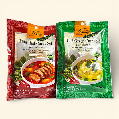 Authentisches Thai Red Curry und Thai Green Curry Set von Aromax – entdecke diese kulinarischen Highlights in der Thailand Erlebnisbox von Oversea Crate für dein Kocherlebnis zuhause.