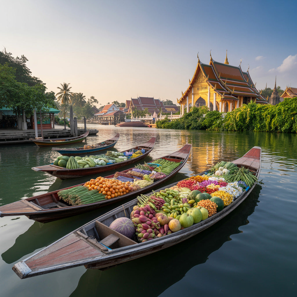 Farbenfrohe Boote auf einem traditionellen thailändischen schwimmenden Markt vor einer goldenen Tempelanlage – erlebe die authentische Vielfalt Südostasiens mit der Thailand Erlebnisbox von Oversea Crate.